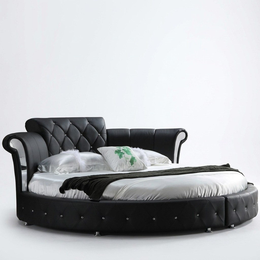 Leather upholstered chesterfield design marriage round double bed for marriage couple in modern style made of real wooden frame