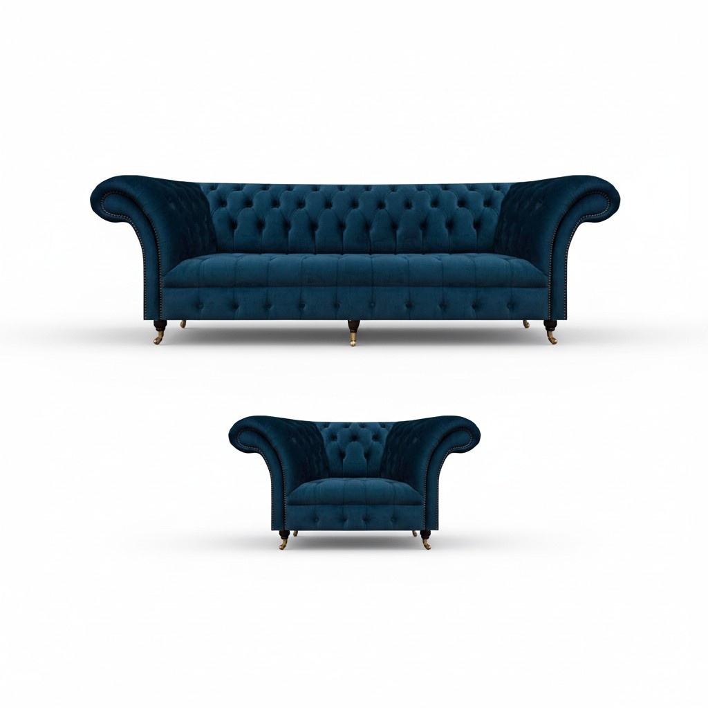 Luxury Chesterfield Blue Fabric Upholstery Elegant 3-Seater Sofa Armchair