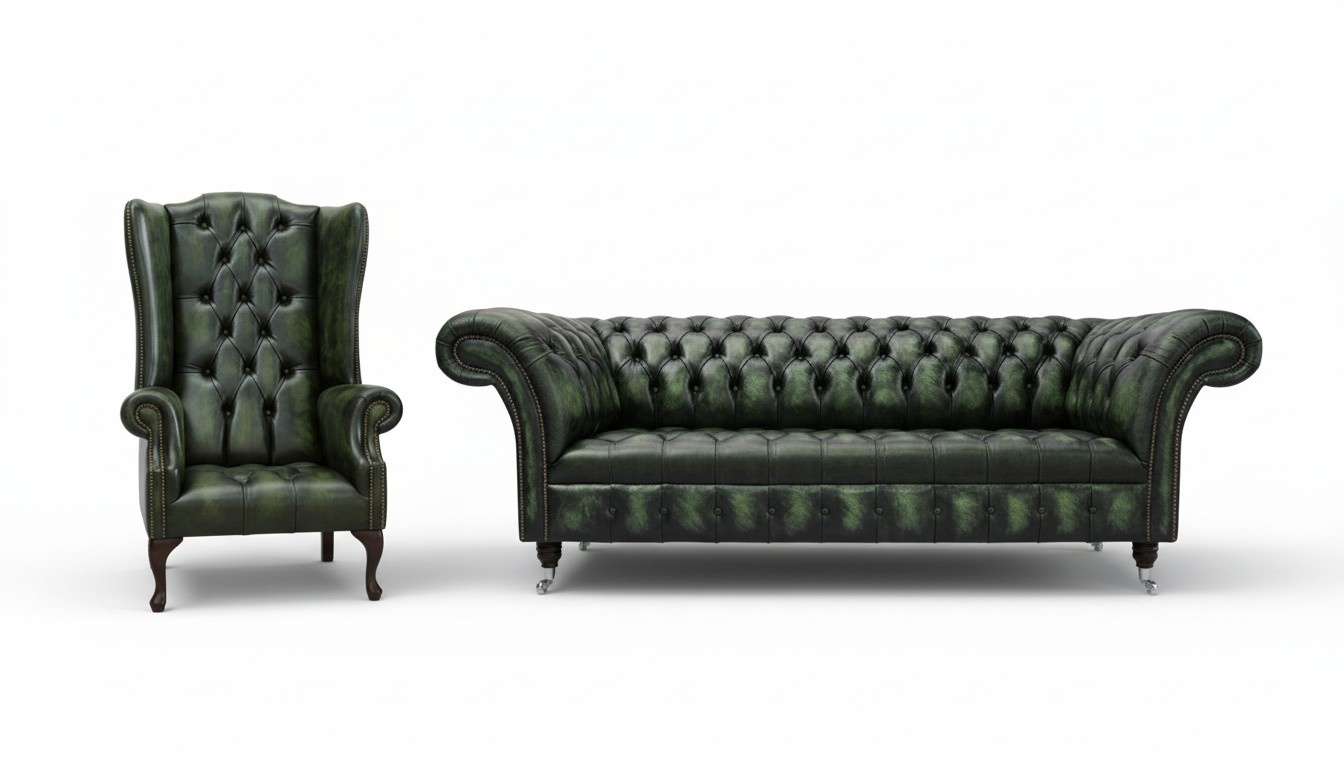 Chesterfield Classic Sofa Set 3-Seater + Armchair 1-Seater Green Faux Leather New