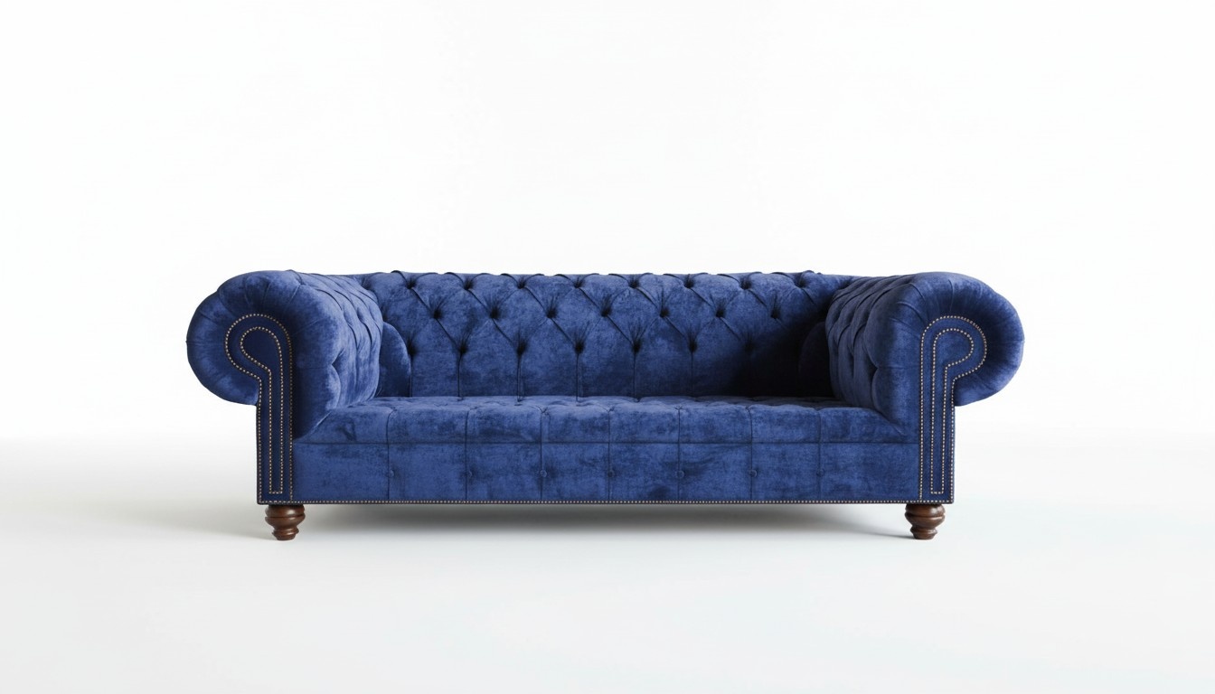 Luxurious Chesterfield Sofa 3-Seater Blue Textile Upholstery Wooden Feet New Comfortable Couch