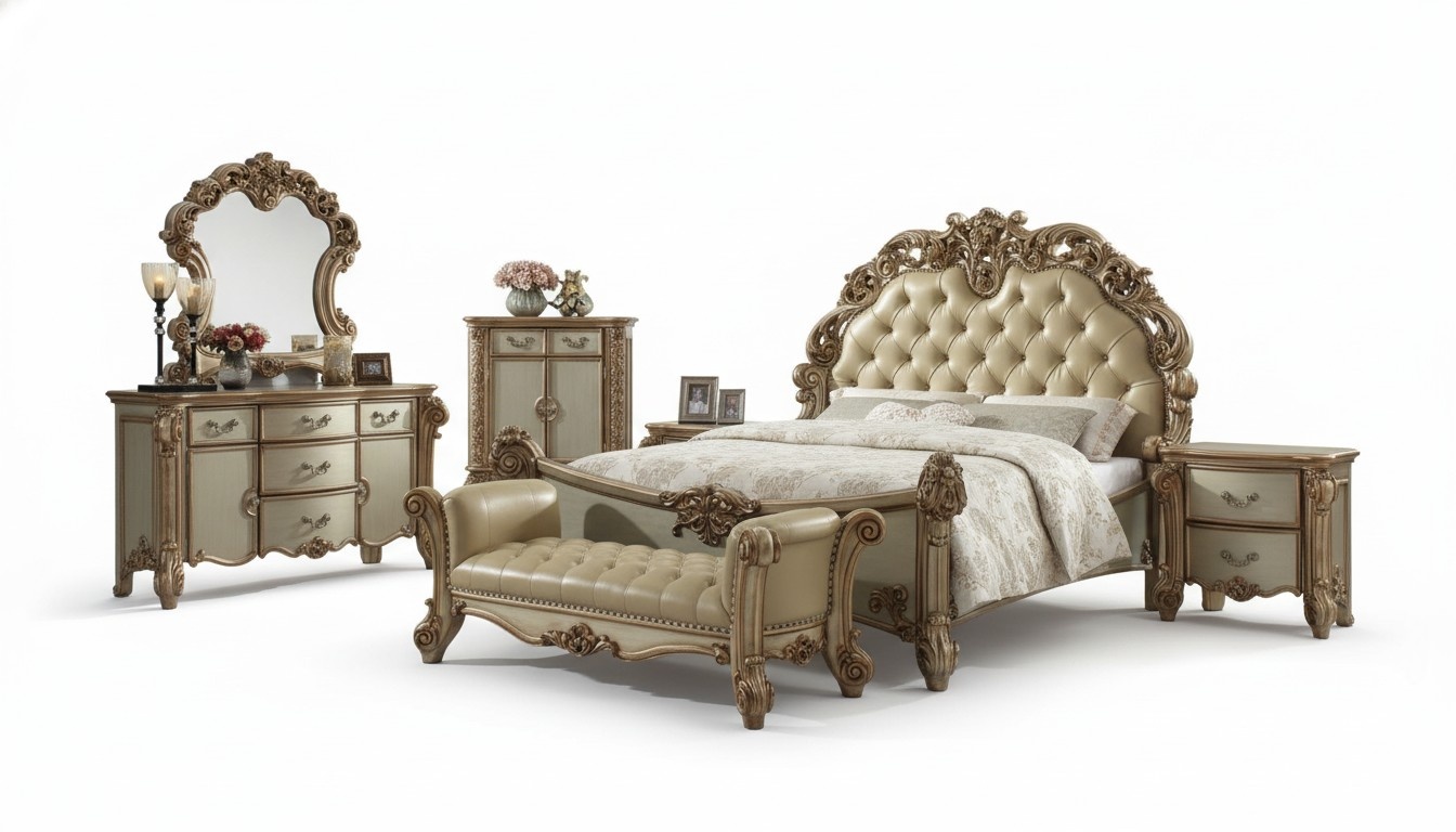 Luxury Classic Bedroom Bed Nightstands Vanity Mirror Bench