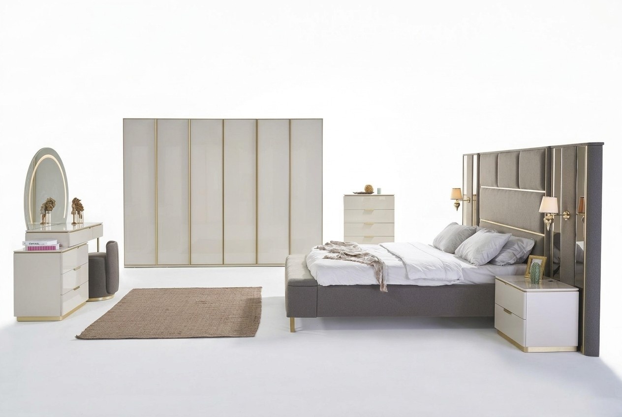 Luxury Complete Bedroom Set Beige Gold Dresser Bedside Table 7pcs Gloss