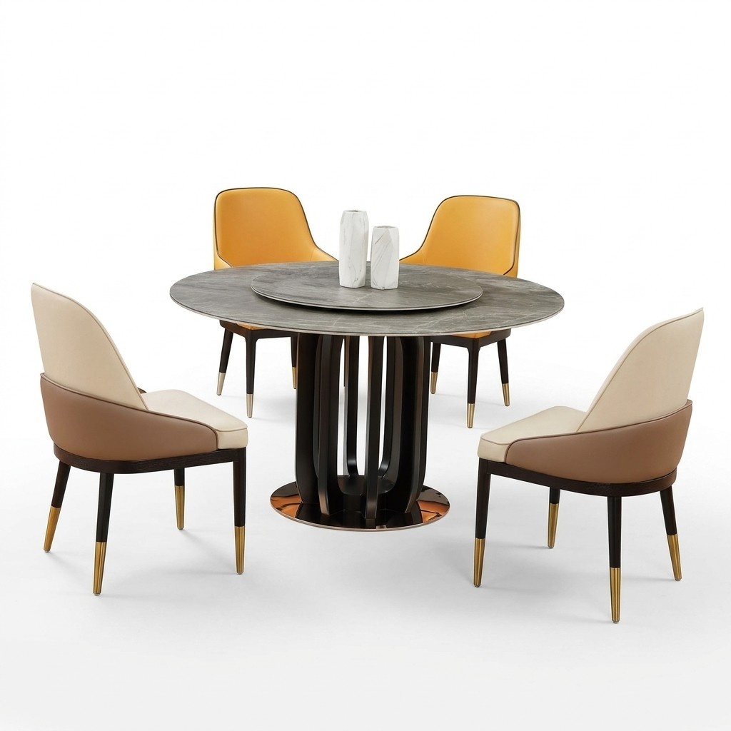 Luxury design dining room round dining table 4x classic armchairs Lehn chairs 4 pieces.