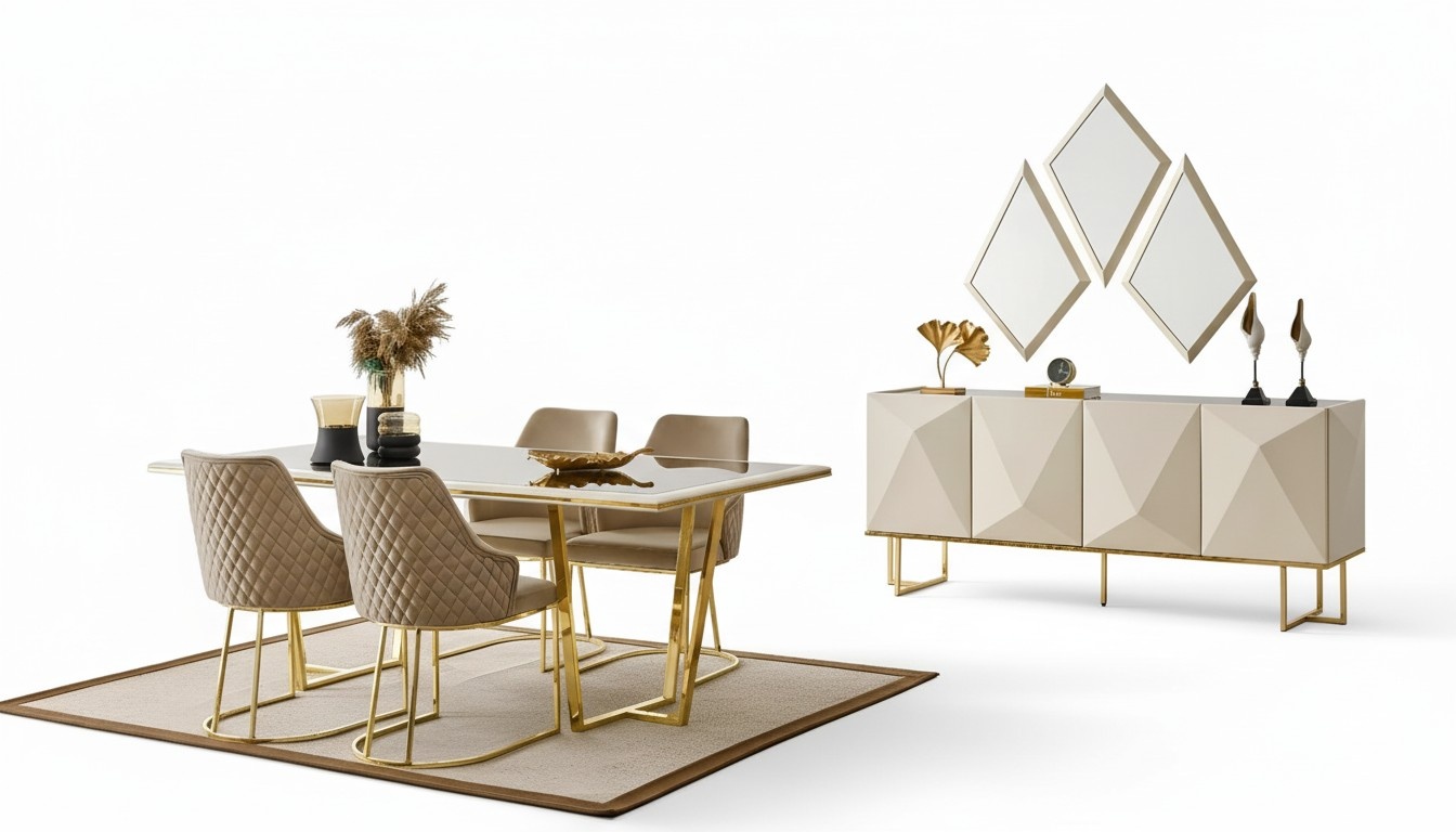 Luxury dining area dining group dining table chairs beige set 11pcs