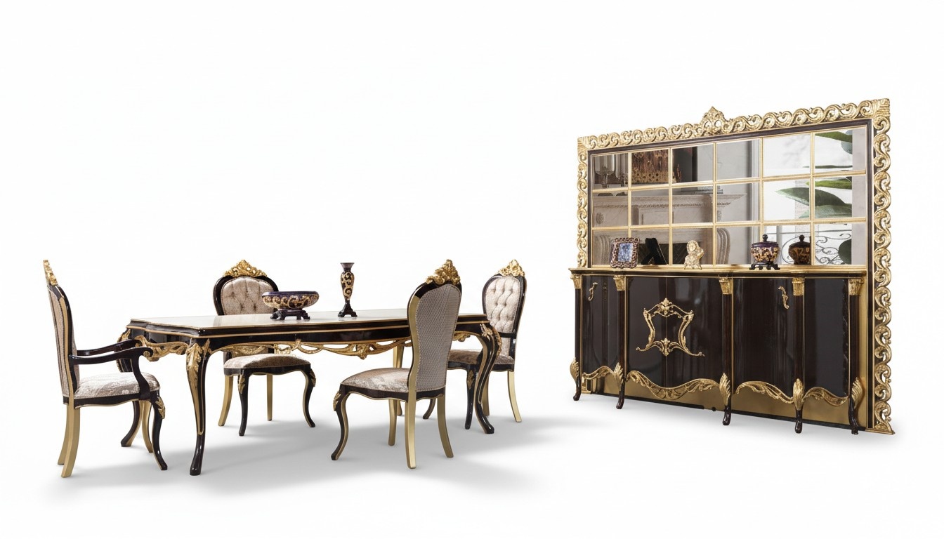 Luxury dining set dining room dining table chairs wood 10pcs brown sideboard