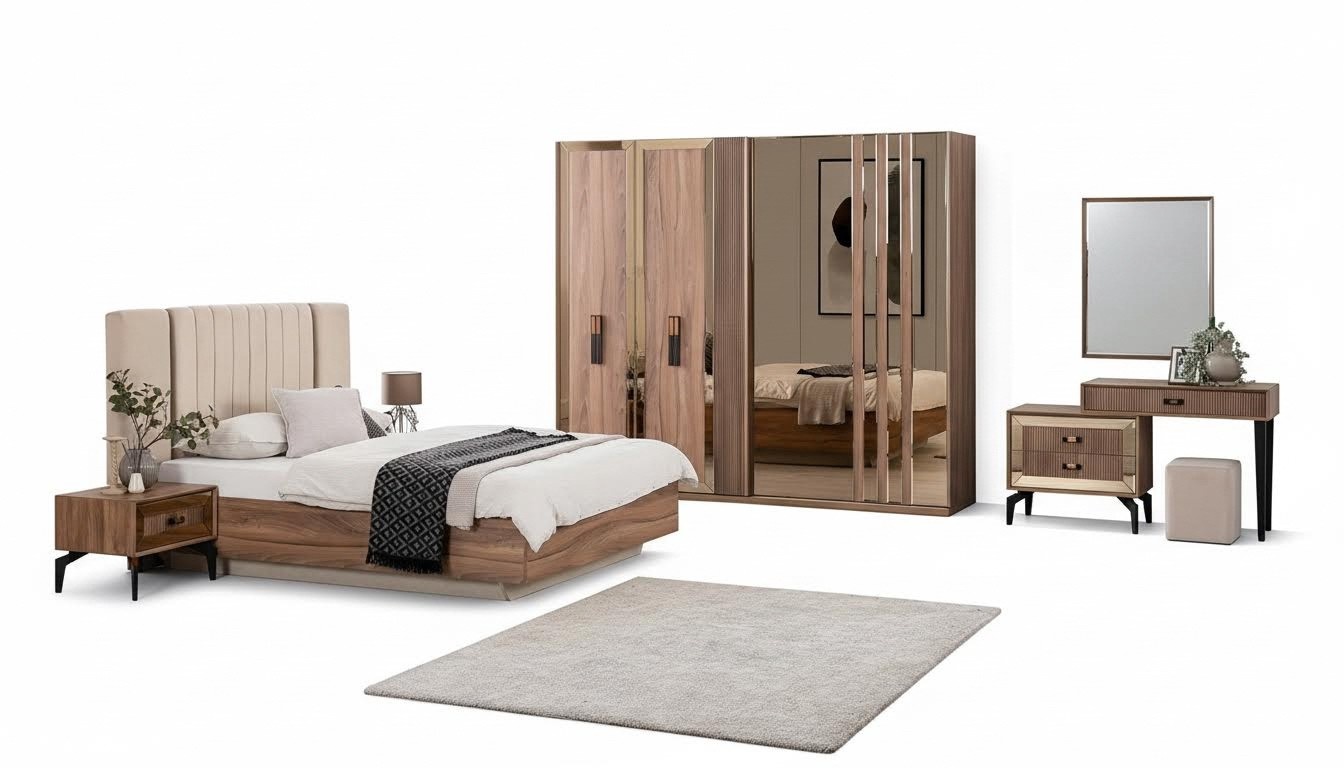 Luxury double bed Bedroom set Bed wooden set 7 pcs Brown Modern