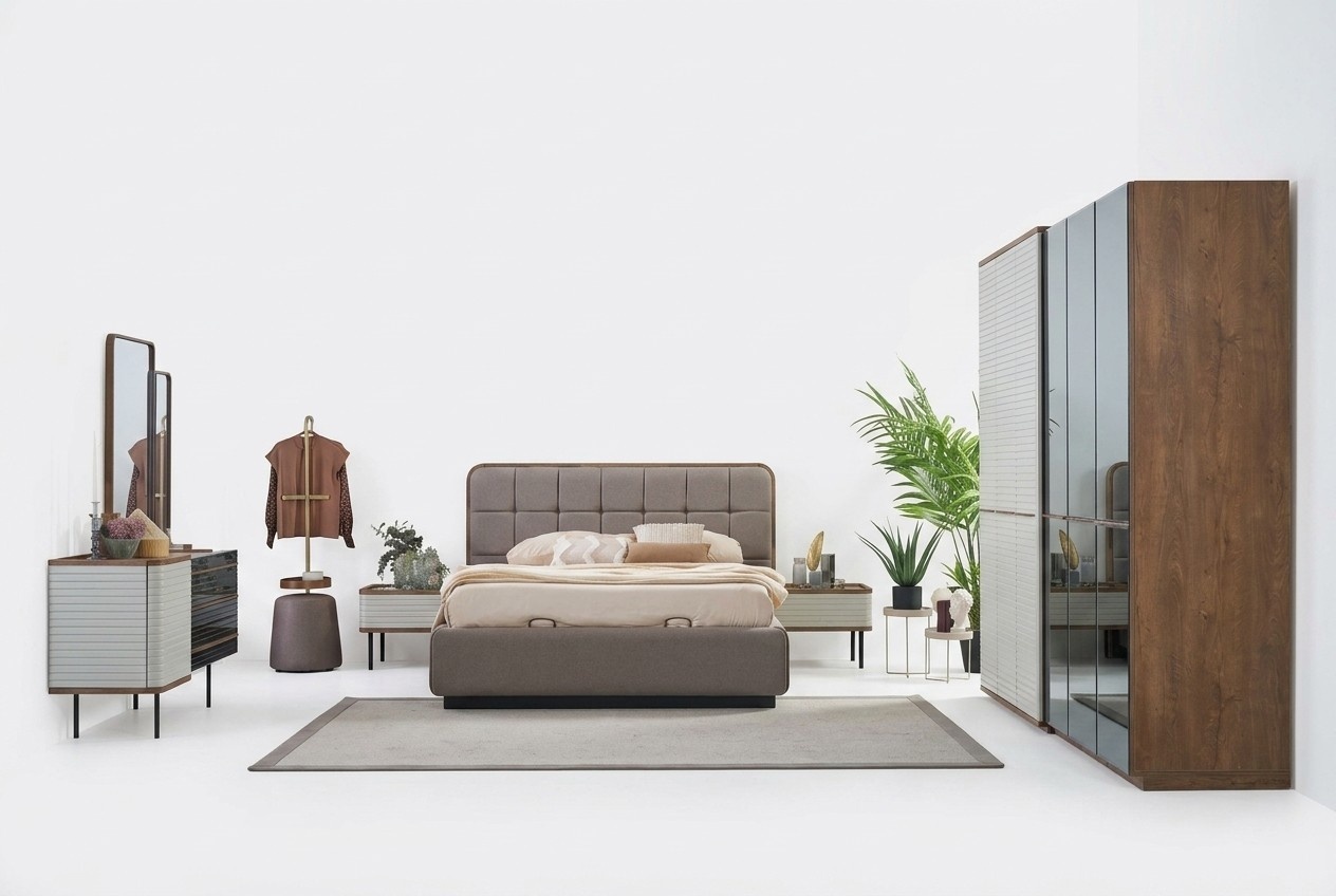 Luxury Double Bed Complete Bedroom Bed Set 7-Piece Bed Frame Brown