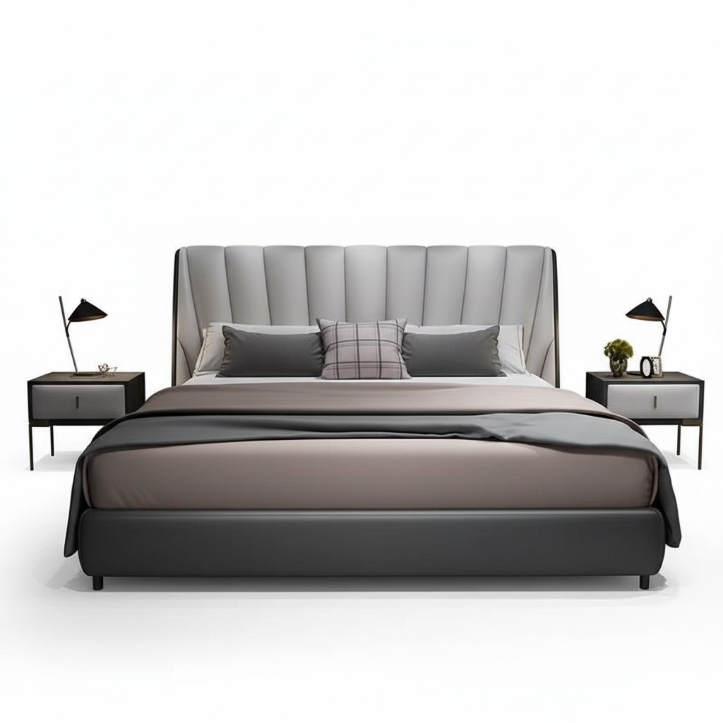 Luxury Double Hotel Beds 180x200cm Sleeping Room Grey Leather Bed Upholstery Design