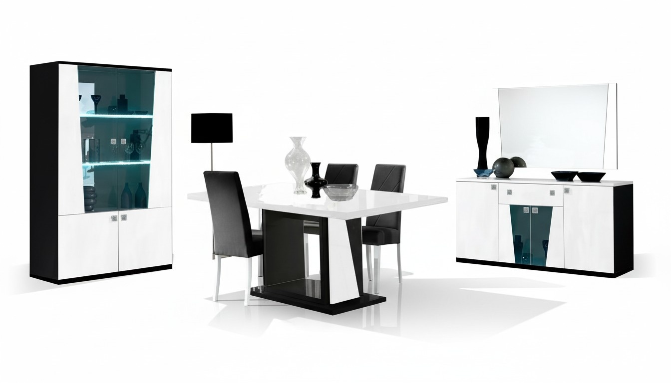 Modern style living room set of dining table, 2x-chairs, sideboard, mirror, TV-lowboard, & showcases