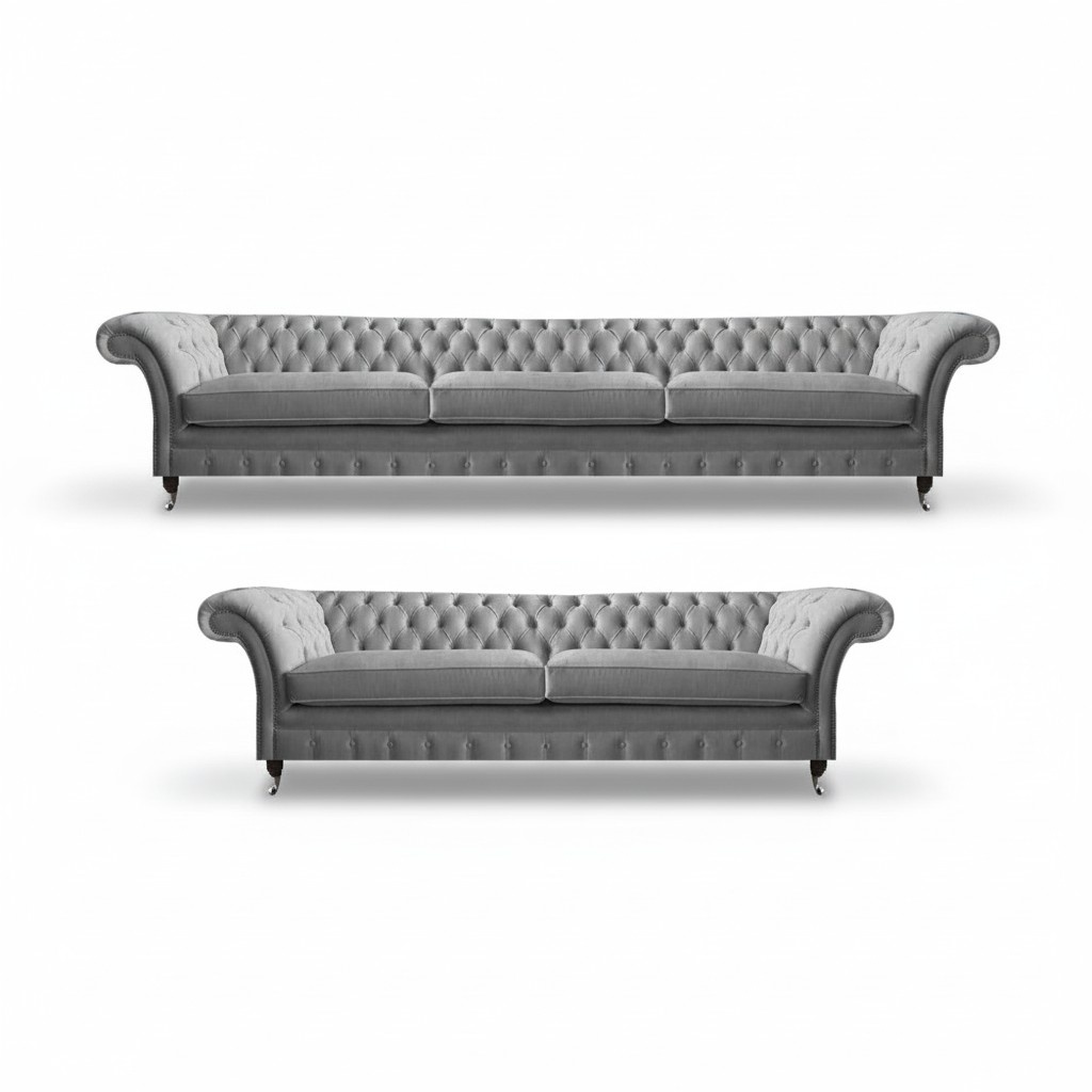 Luxury Gray Designer Sofas Complete 2-piece Living Room Chesterfield 2x Sofas