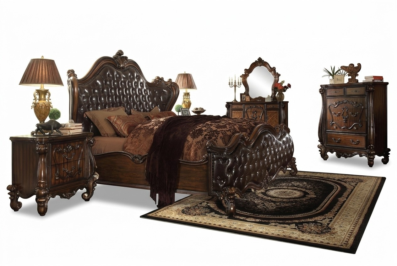 Luxury classic style bedroom set of chesterfield design double bed & 2x-bedside tables