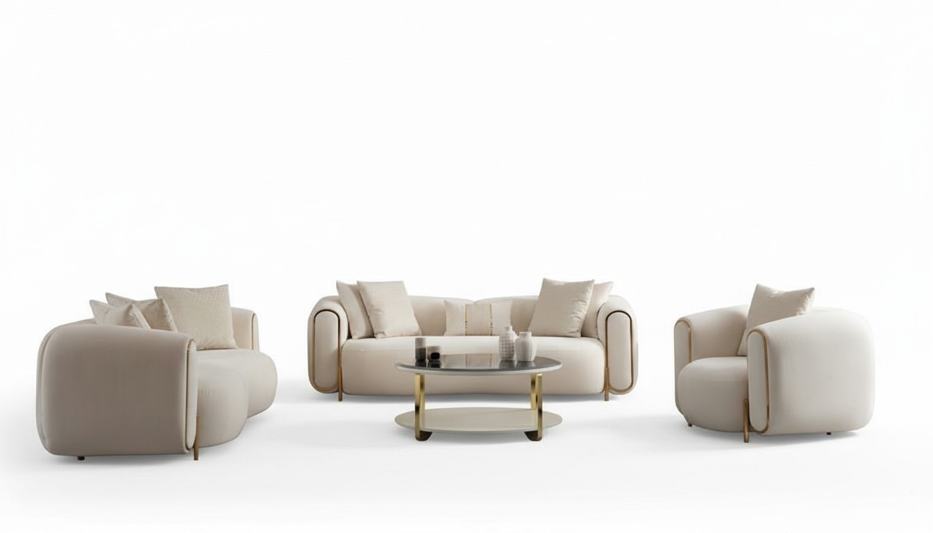 Luxury living room set sofa 3-seater armchair coffee table white stainless steel fabric