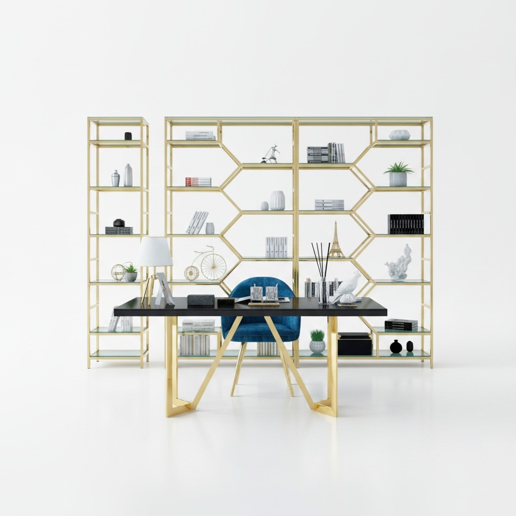 Luxury office set group stainless steel metal table cabinet 5 pieces. Office chair set