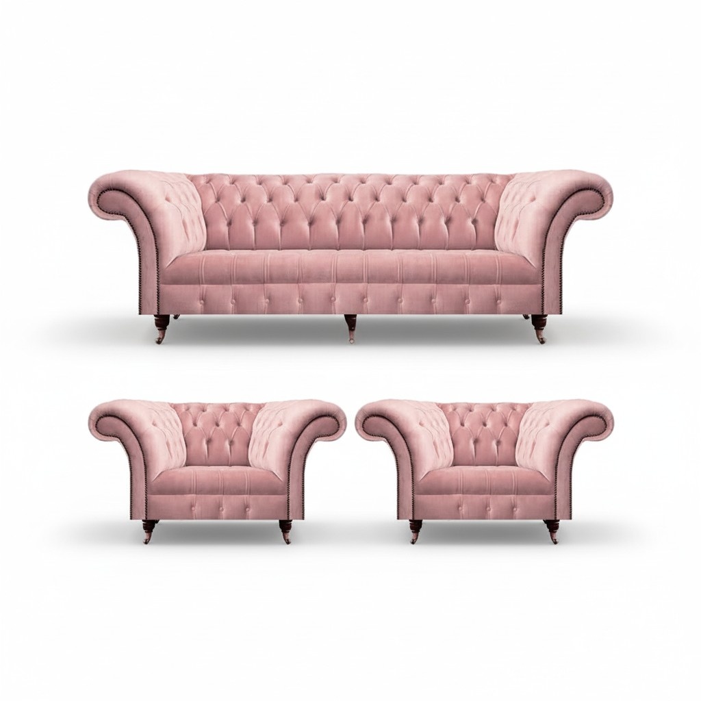 Luxury Pink Design Modern Chesterfield Sofa Set 3 Piece Upholstered Furniture