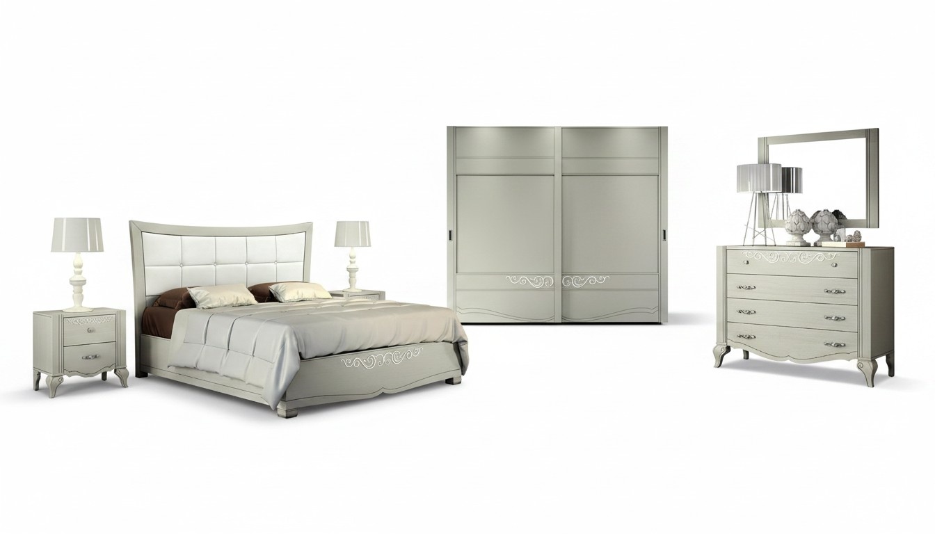 Luxury Set 6-piece Bedroom Bed Nightstand Wardrobe Dresser Mirror Wood