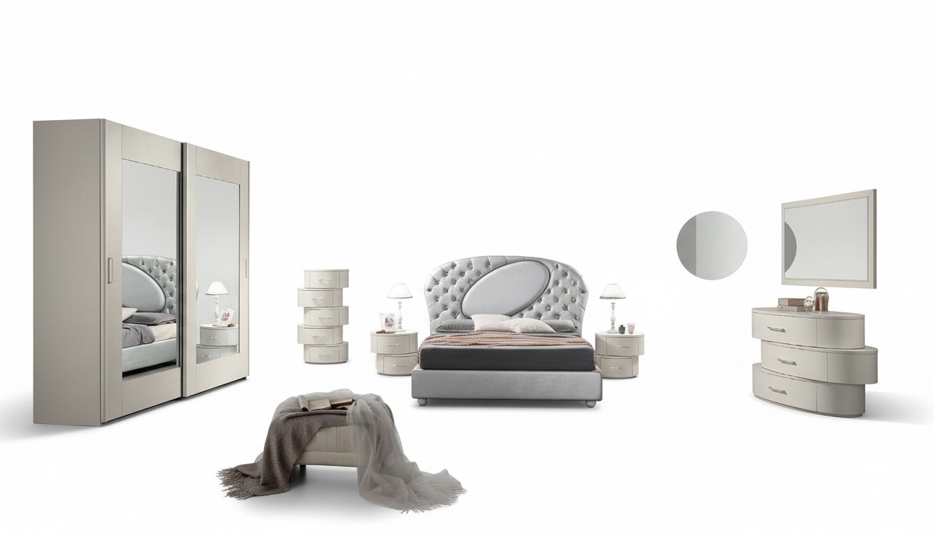 Luxury Set 7pcs Bedroom Bed Nightstand Dresser Mirror Wardrobe New