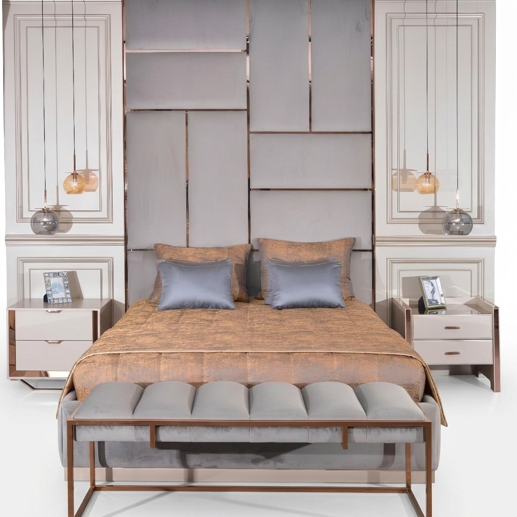 Luxury bedroom double bed bedside table set 5 pieces beige