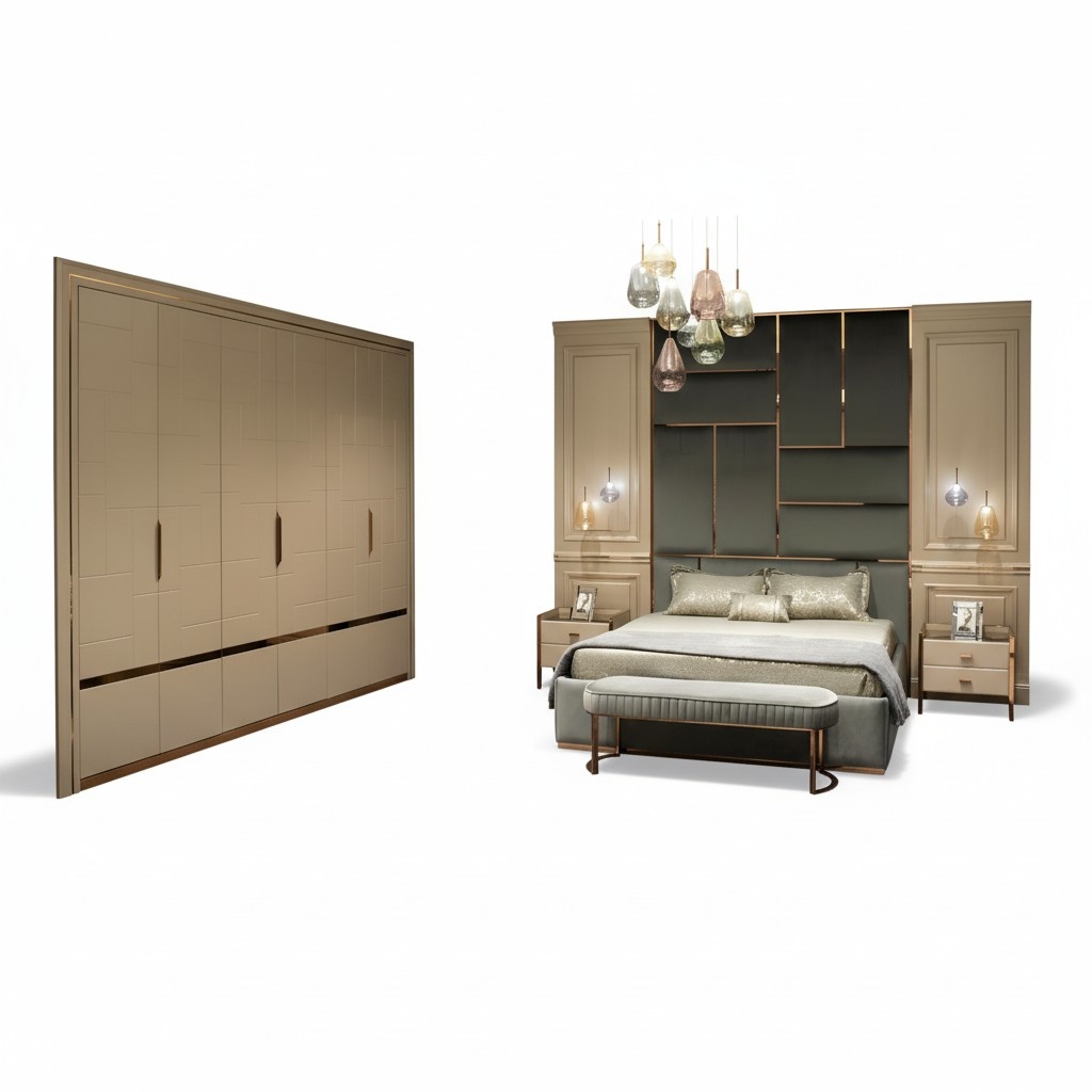 Luxury bedroom double bed bedside table set 6 pieces beige