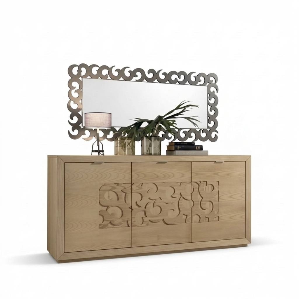 Luxury Sideboard Mirror Living Room Wooden Cabinet Dressers Brown 2pcs