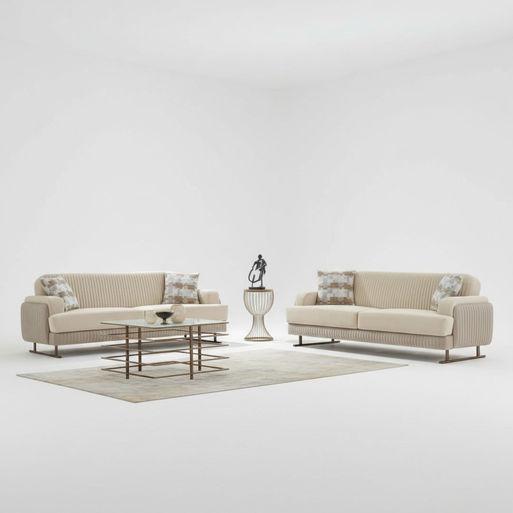 Luxury Couch Set Sofa Upholstered Sofa Three-Seater Fabric Sofa Beige 2-piece