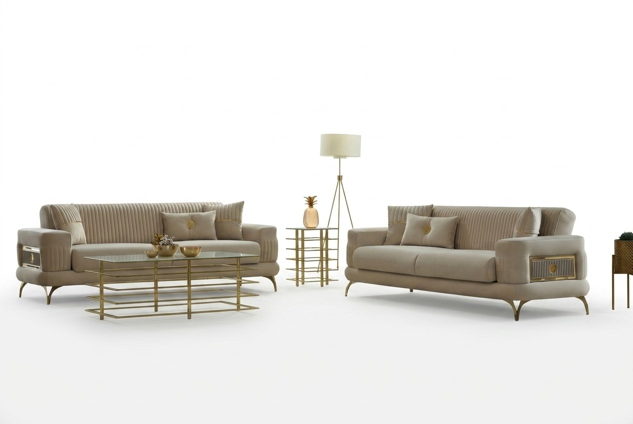 Luxury sofa set, three-seater sofa, fabric sofa, upholstered sofa, beige, 2-piece.