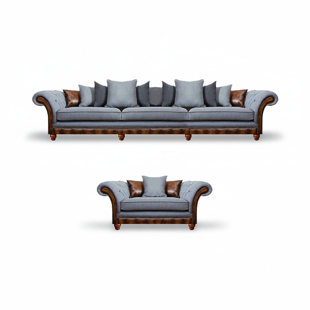 Luxury style furniture Chesterfield gray sofa set 2 pieces upholstered couches living room.