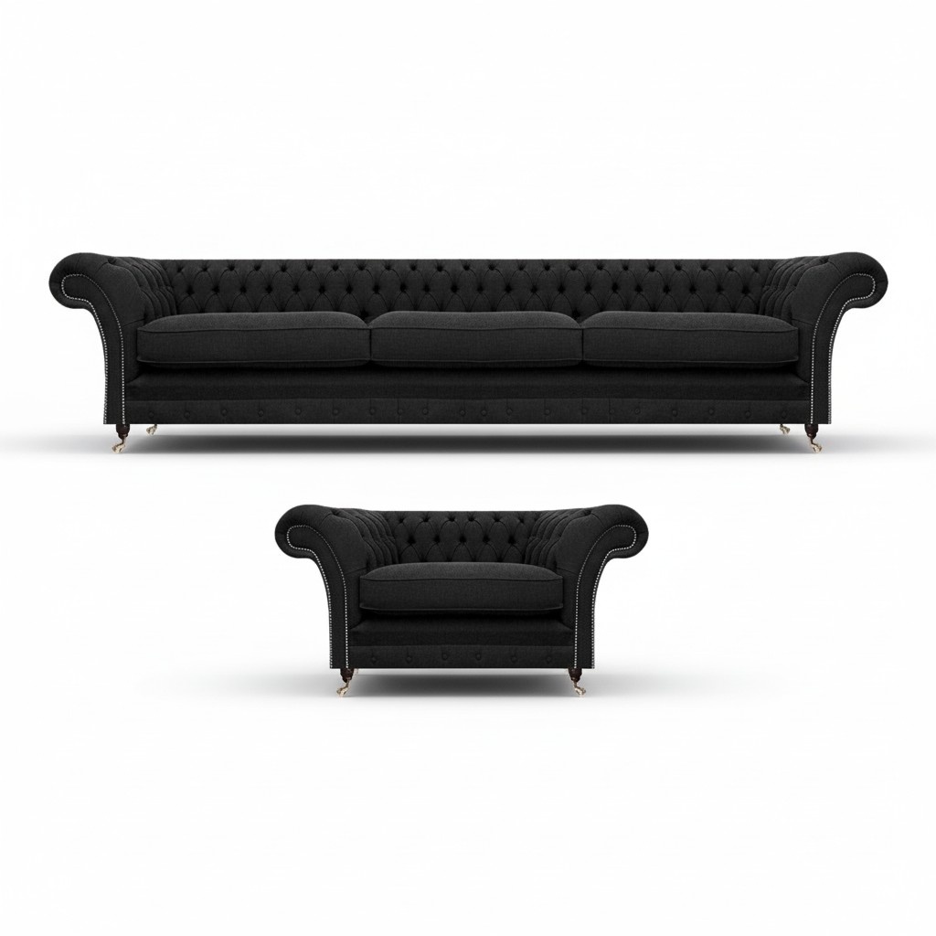 Luxury upholstered furniture black sofa three-seater couch Chesterfield armchair living room