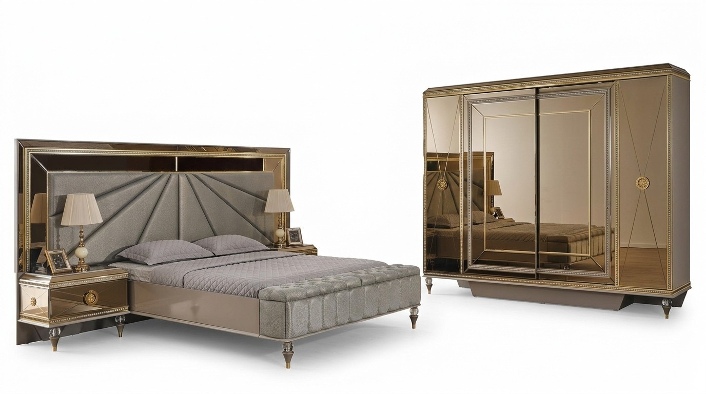 Luxury wardrobe double bed bedroom gray bedside tables wood set 4 pieces