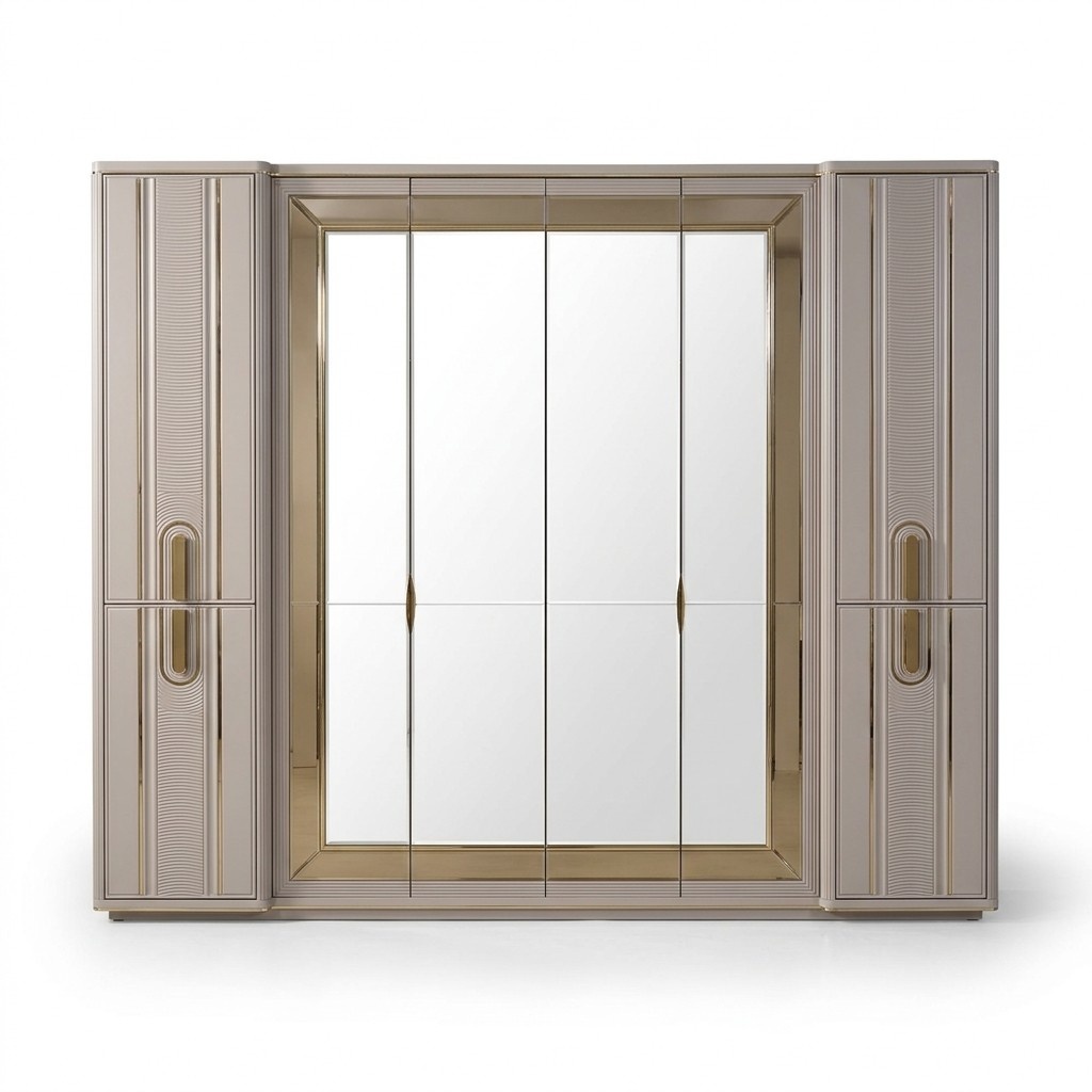 Luxury wooden wardrobe with beige mirror