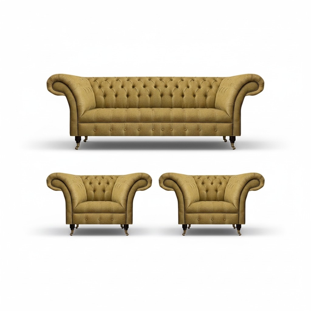 Luxury yellow Chesterfield sofa designer living room 2x armchairs 3-piece set