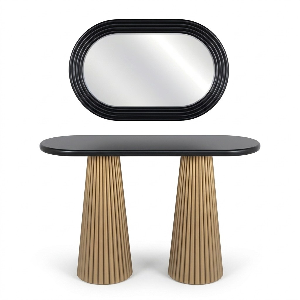 Wooden vanity table in black with a mirror, modern and elegant.