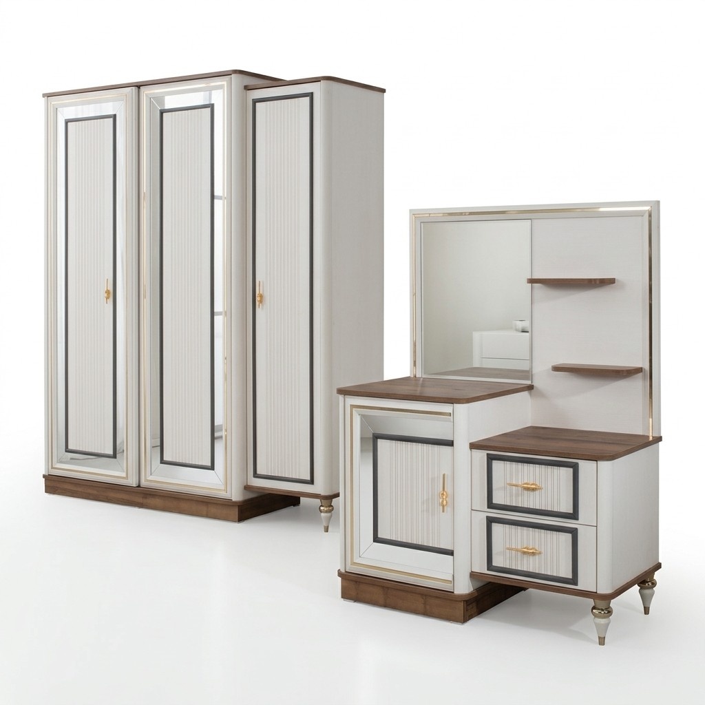 Dressing table set with mirror wooden bedroom beige console set