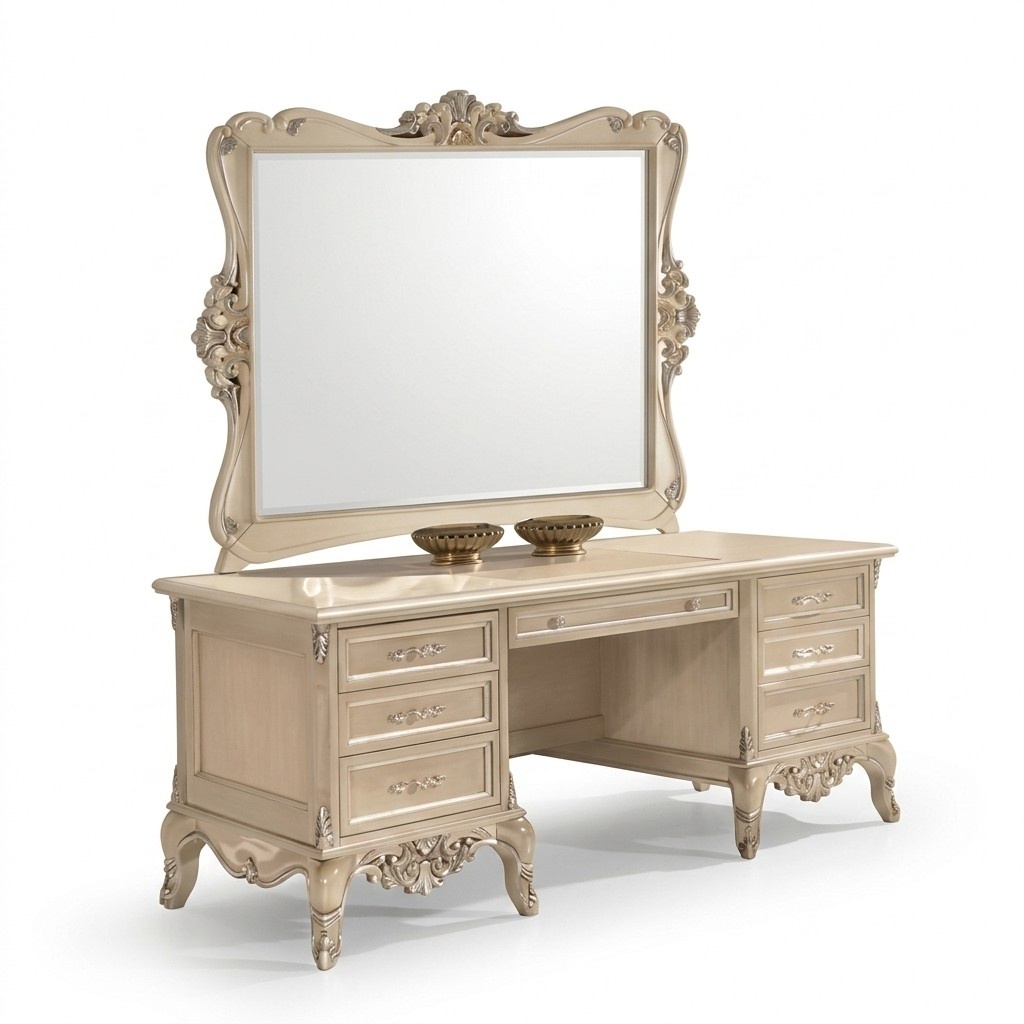 Dressing table with mirror bedroom design beige furniture wood 2 pieces. New