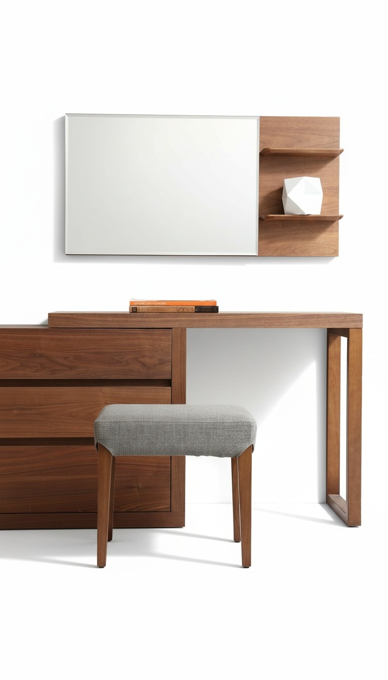 Modern style designer set of dressing table & mirror made of real wood with shelves & sliding drawers