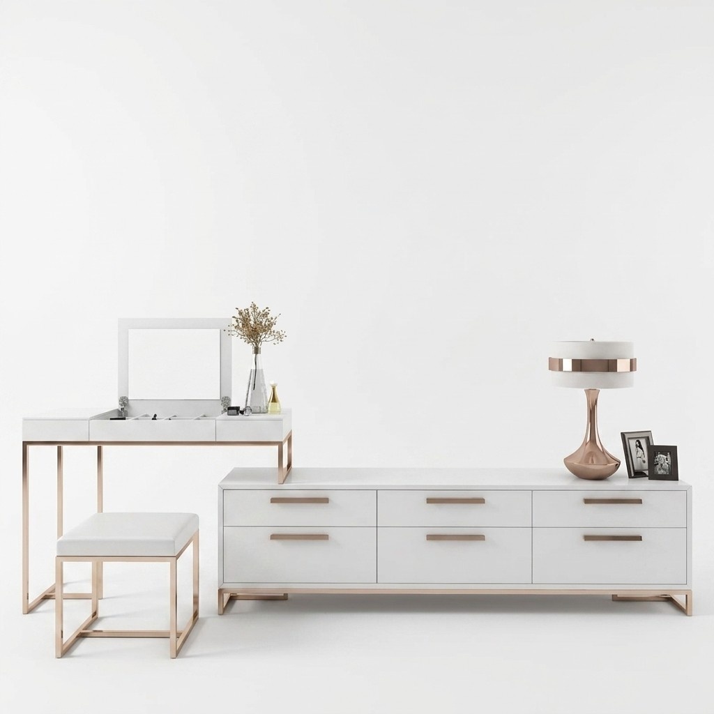 Modern style designer set of gloss real wooden dressing table & sideboard made of real wooden frame & stainless steel