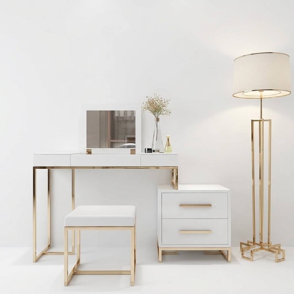 Modern style bedroom set of make up table with mirror, dresser & chair made of real wood & stainless steel frame