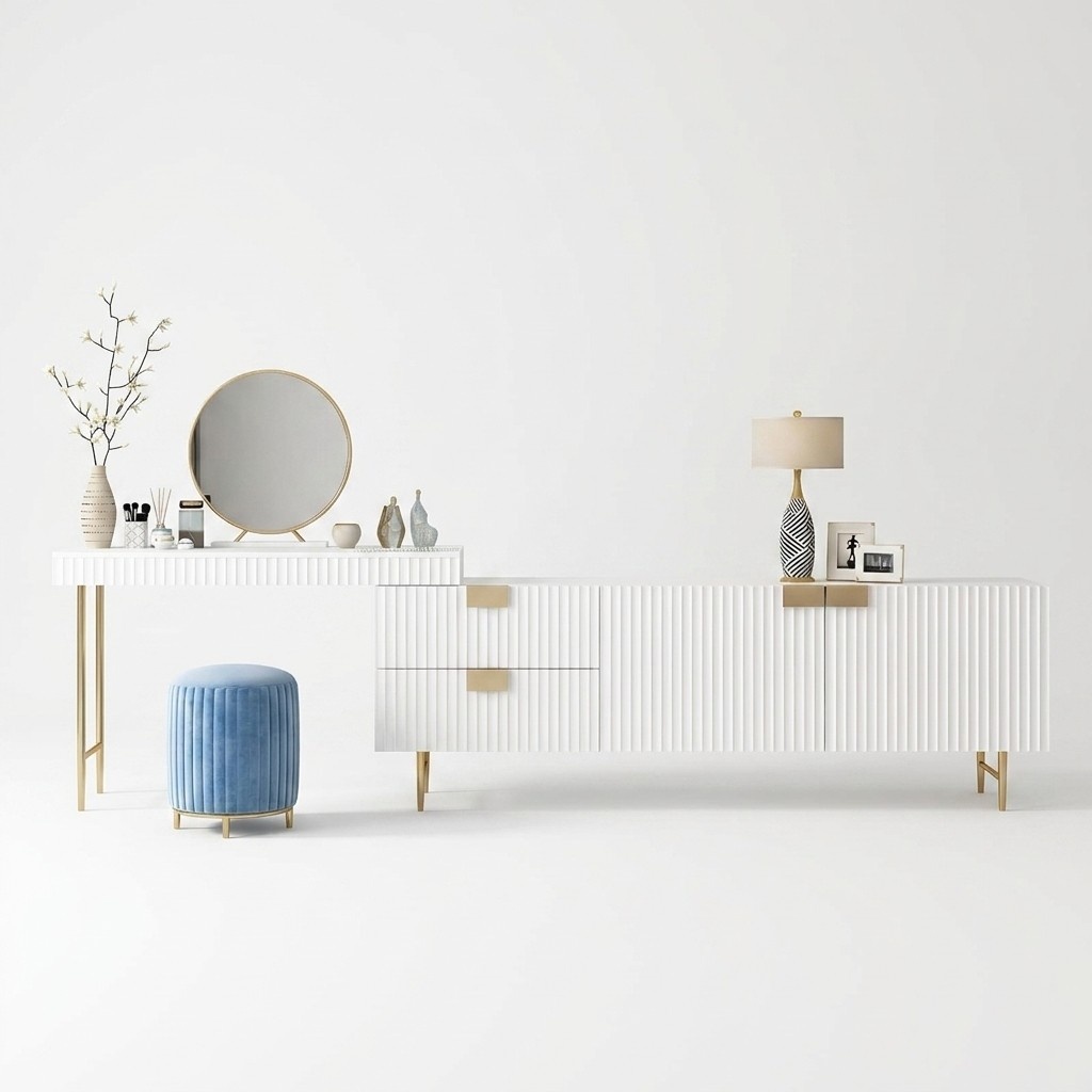 Modern style designer console set of dressing table, chair & sideboard made of real wooden frame