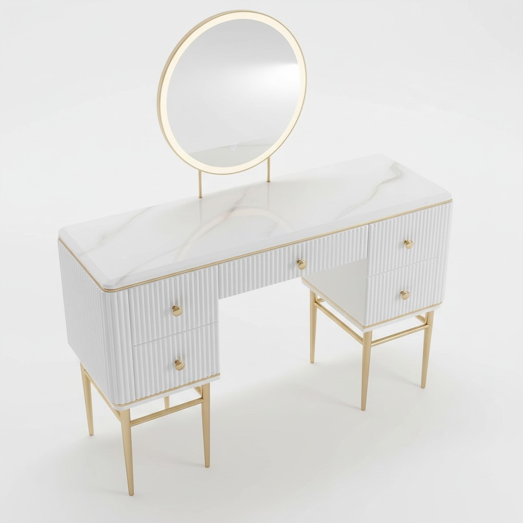 Modern style designer set of dressing table & round mirror with light made of real wooden frame