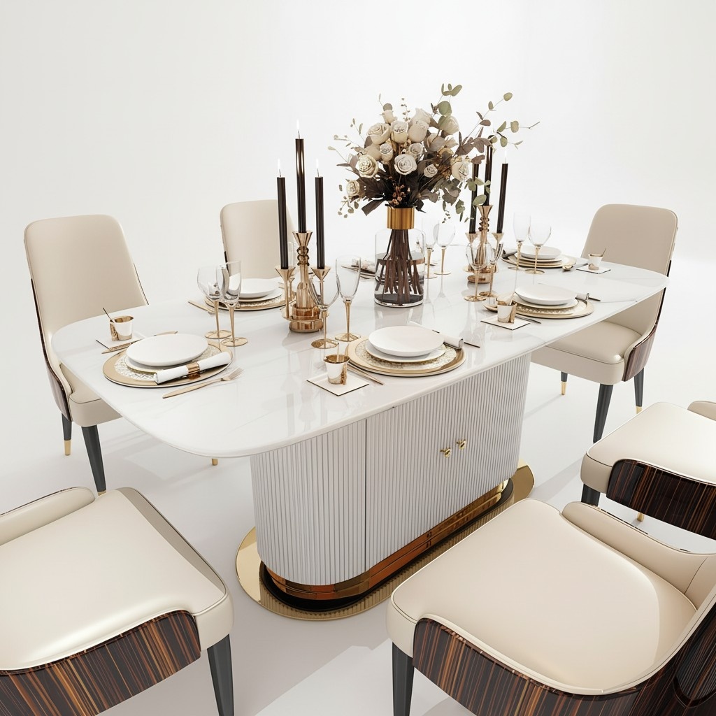 Designer Marble Dining Table + 6 Chairs Set Room Group 7 Piece Tables