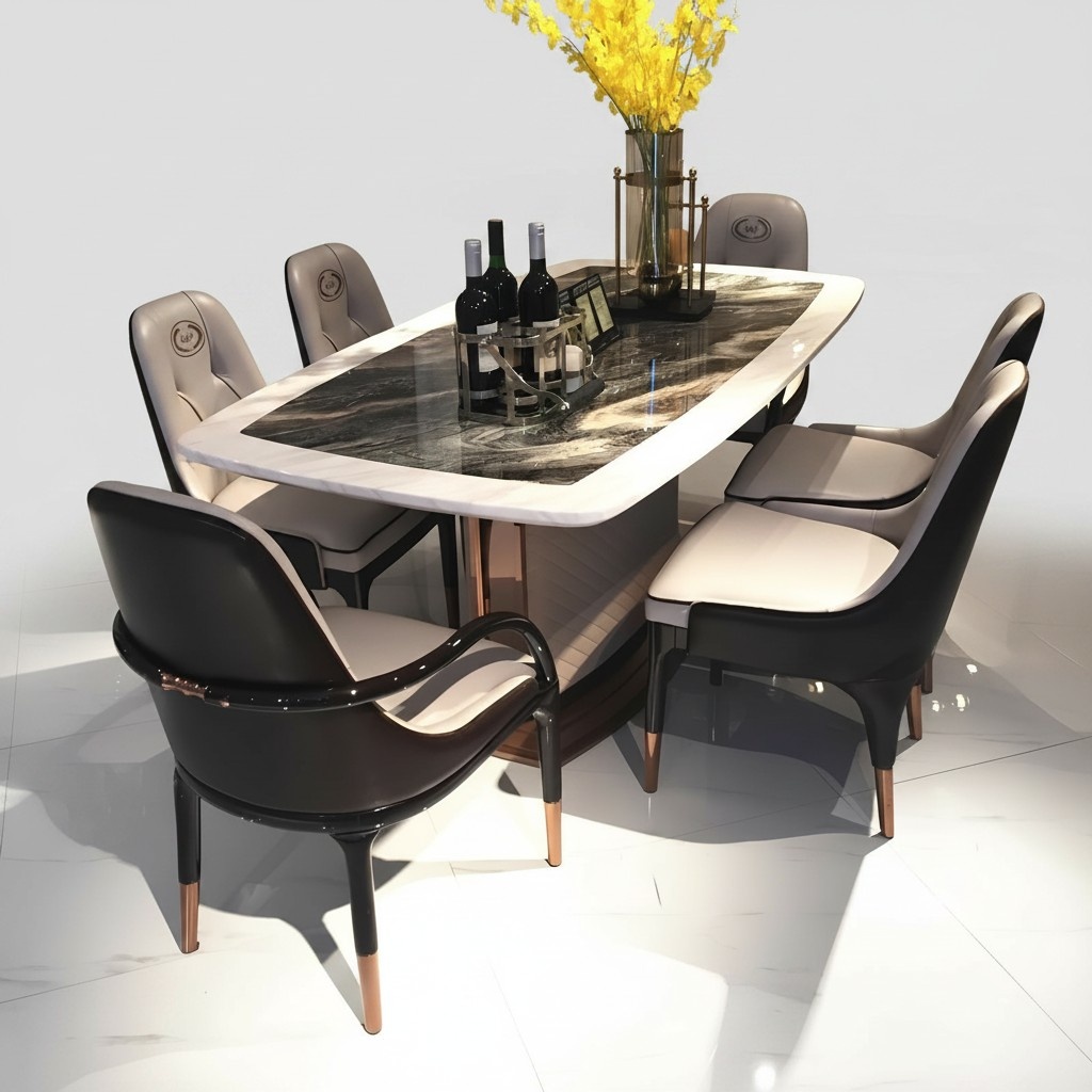 Marble designer dining table + 6 chairs set set room group 7 pcs tables