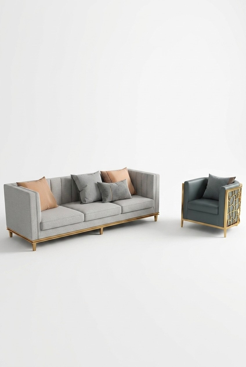 Metal Elements Leather Textile Couch Sofa Upholstery Seat Set Leather 3+1 Seater