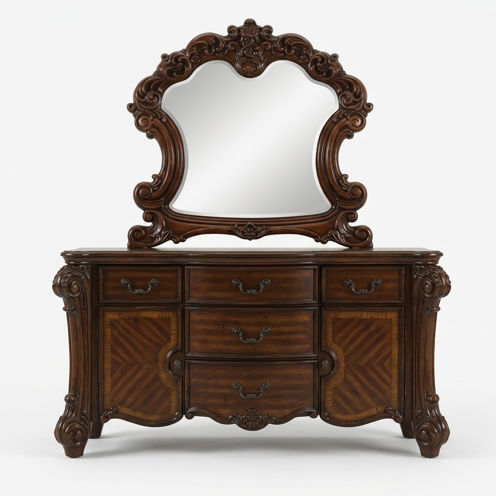 Classic baroque style bedroom set of dresser & mirror with 2-swing doors & 5-sliding drawers made of real wood