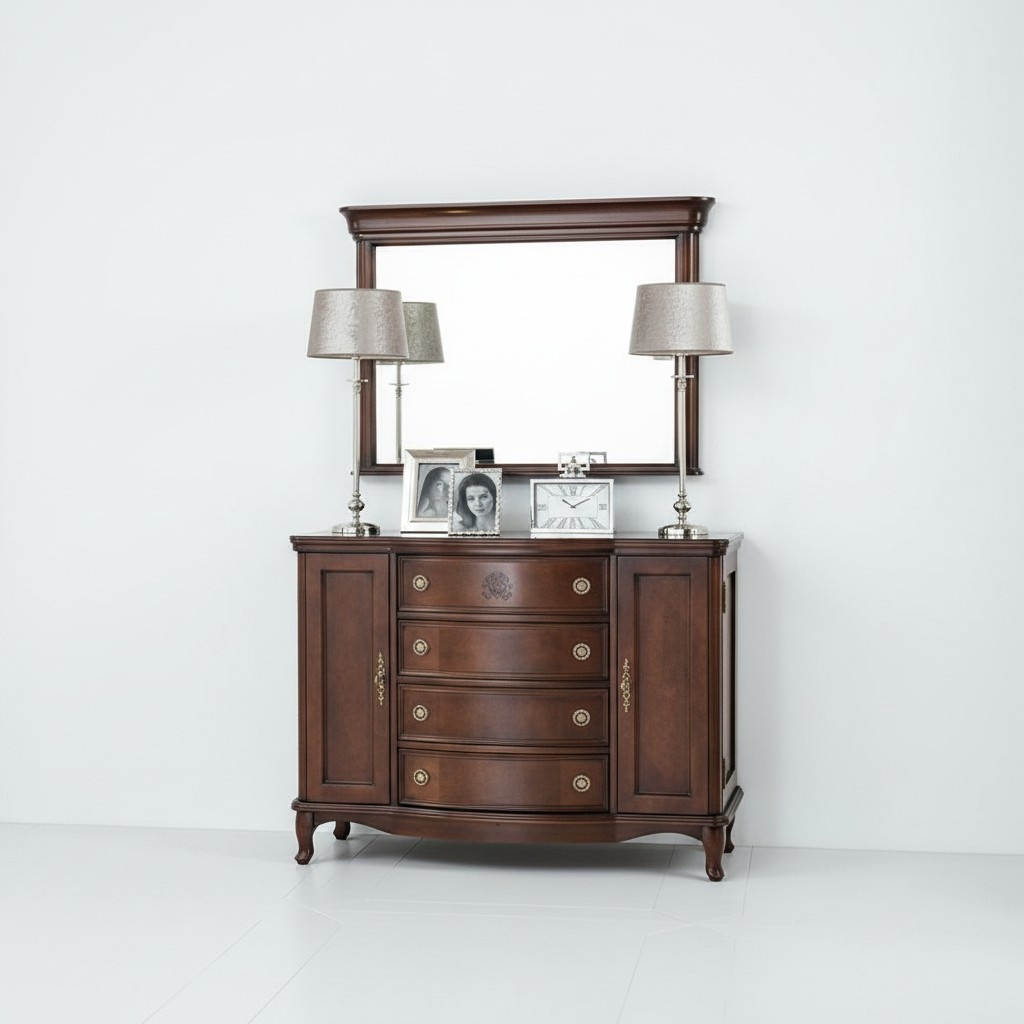 Classic style made of real wooden set of rectangular wall mirror & chest of drawers