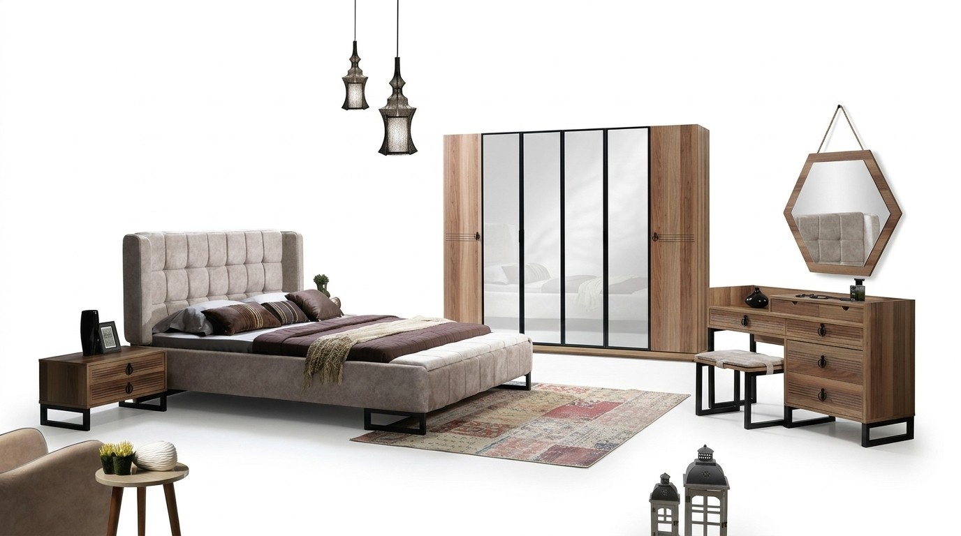 Modern bedroom beds 2x bedside table complete set closet 6 pcs