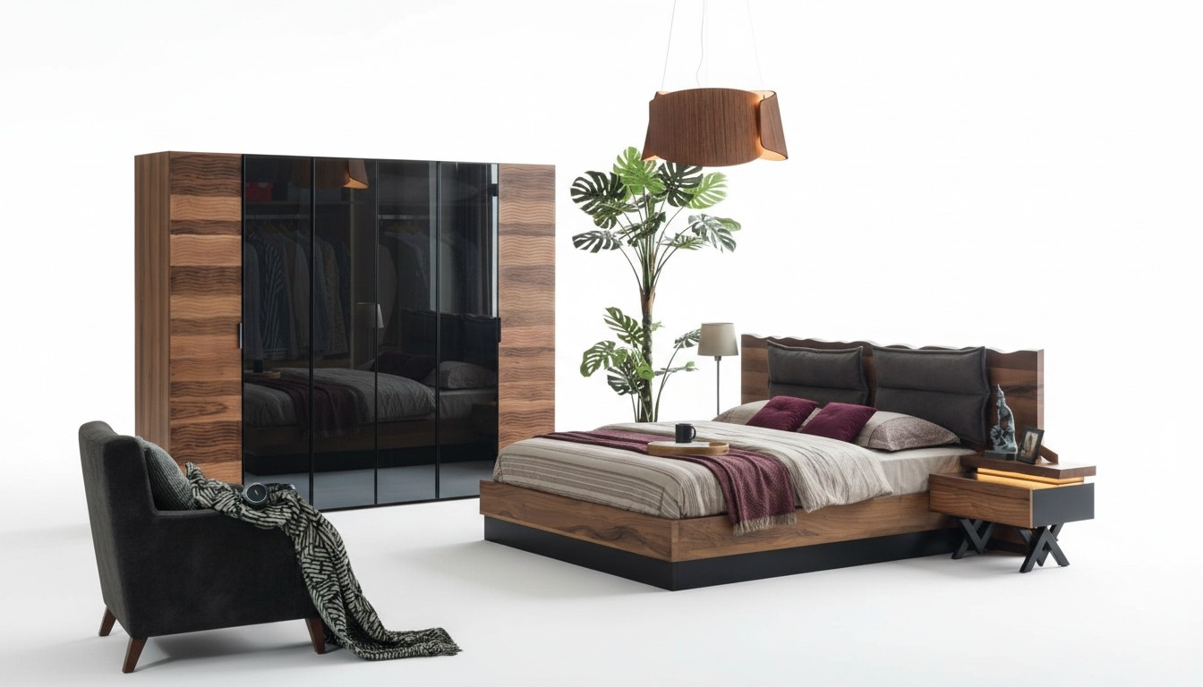 Modern bedroom furniture designer bed 2x bedside tables wardrobe