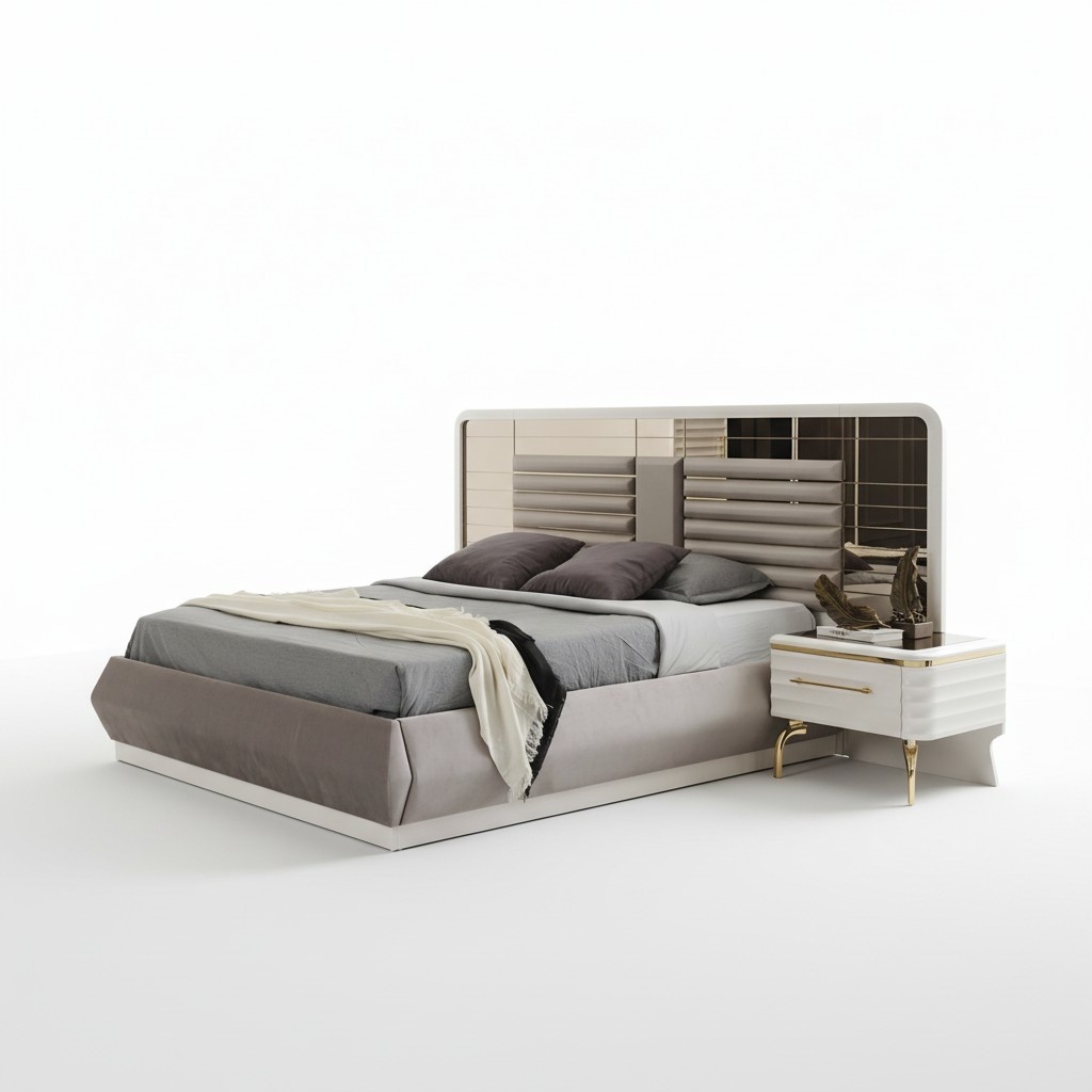 Modern bedroom furniture designer double bed 2x wooden bedside tables 3pcs