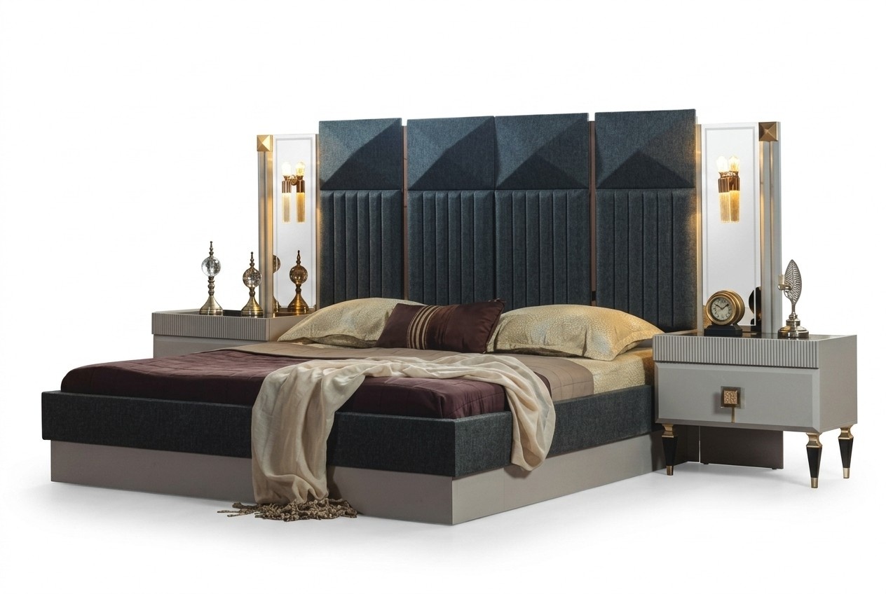 Modern bedroom furniture designer grey bed 2x wooden bedside tables 3pcs