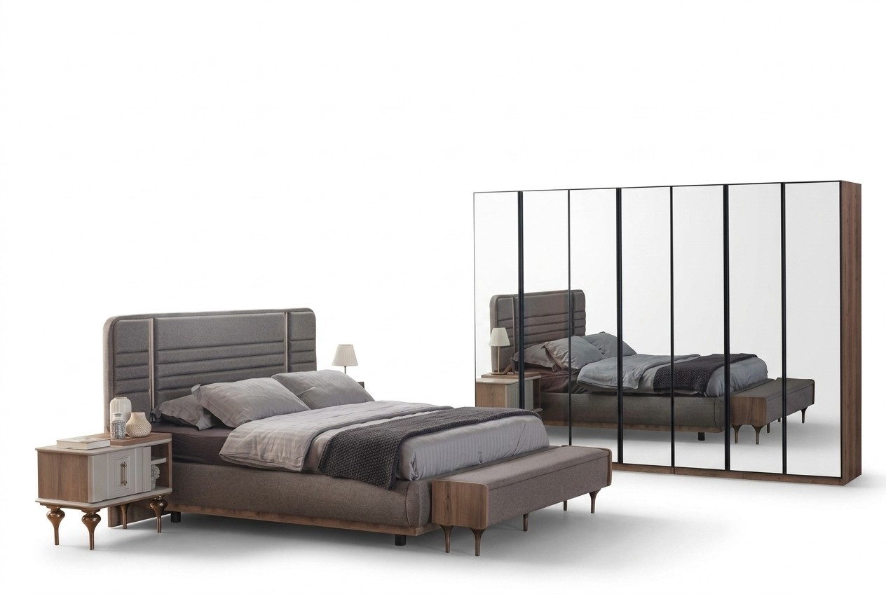 Modern Bedroom Furniture Set Double Bed Bedside Tables Glass Wardrobe