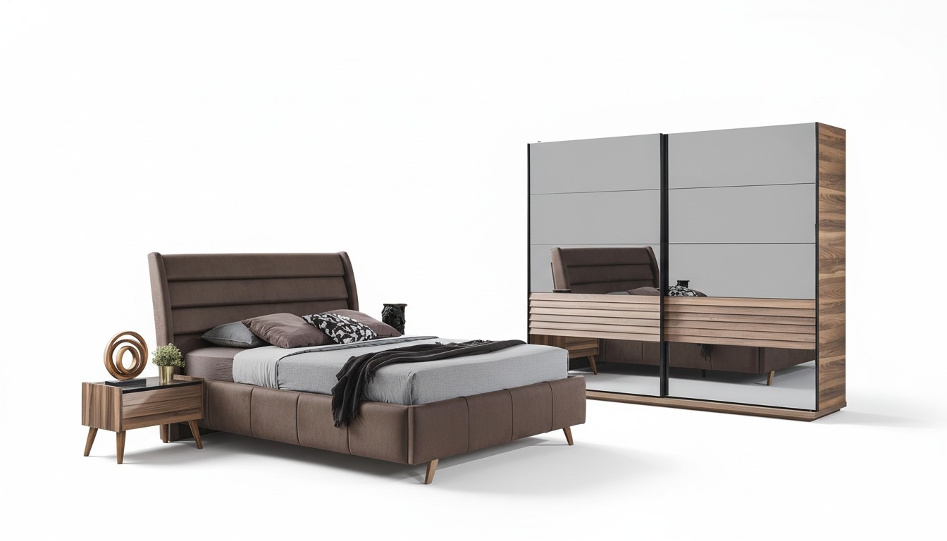 Modern bedroom furniture Upholstered double bed Wood bedside tables Wardrobe