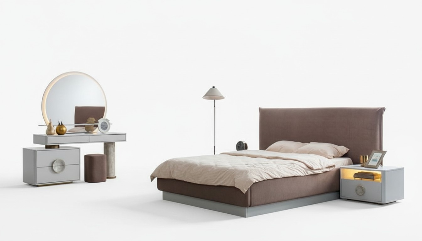 Modern Bedroom Set 4-piece. Bed, Makeup Table, Nightstands, Taupe Modern